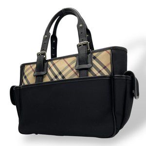 BURBERRY Check Pattern Tote Bag in Black Nylon and Leather, Fits A4 Sizes, Wo...